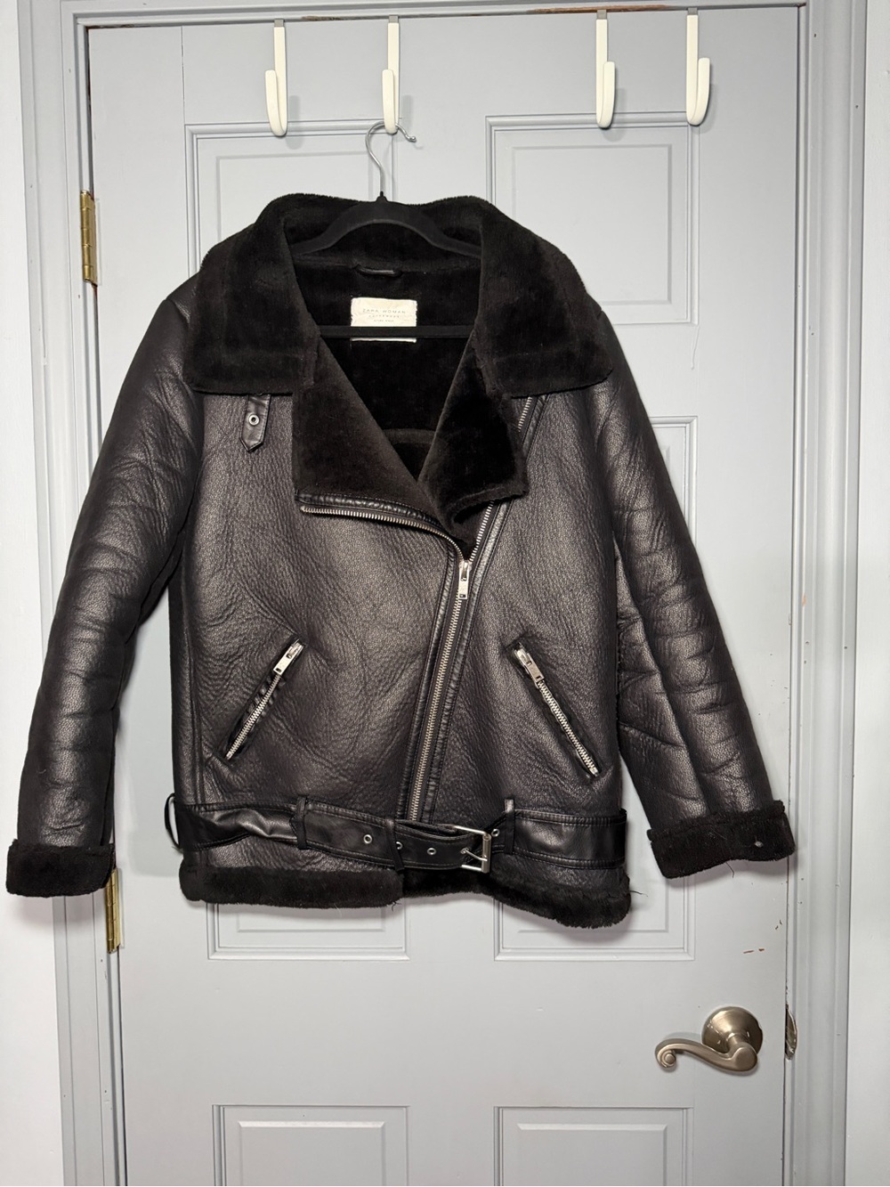 Zara Woman Black Shearling-Trim faux Leather Biker Jacket